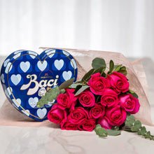 Load image into Gallery viewer, Dozen Long Stem Roses with 12 Piece Baci Heart