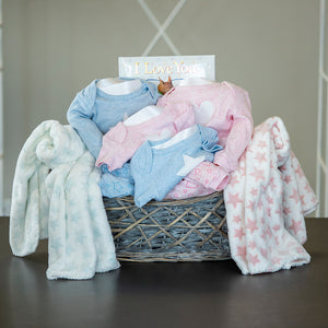 Baby Twins Gift pink and blue pyjama and soft fuzzy blanket Set for baby boy and for baby girl in a basket