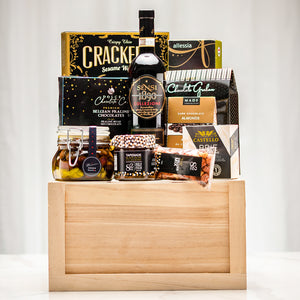 Gift Set with Wood Crate with Lid My Mother's Olives Co.82 Black Olive Tapenade Co.82 Deluxe Nut Mix Castello Brie Cheese Dark Chocolate Covered Almonds Chocolate Covered Pretzels Belgian Praline Box of Chocolates Sesame Water Crackers Allessia Biscotti with Pistachios Sensi 1890 Collezione Chianti Red Wine