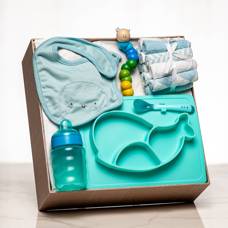 Mealtime Must Haves baby boy gift box with a teal bib, a divided plate, a spoon, a bottle and cloths
