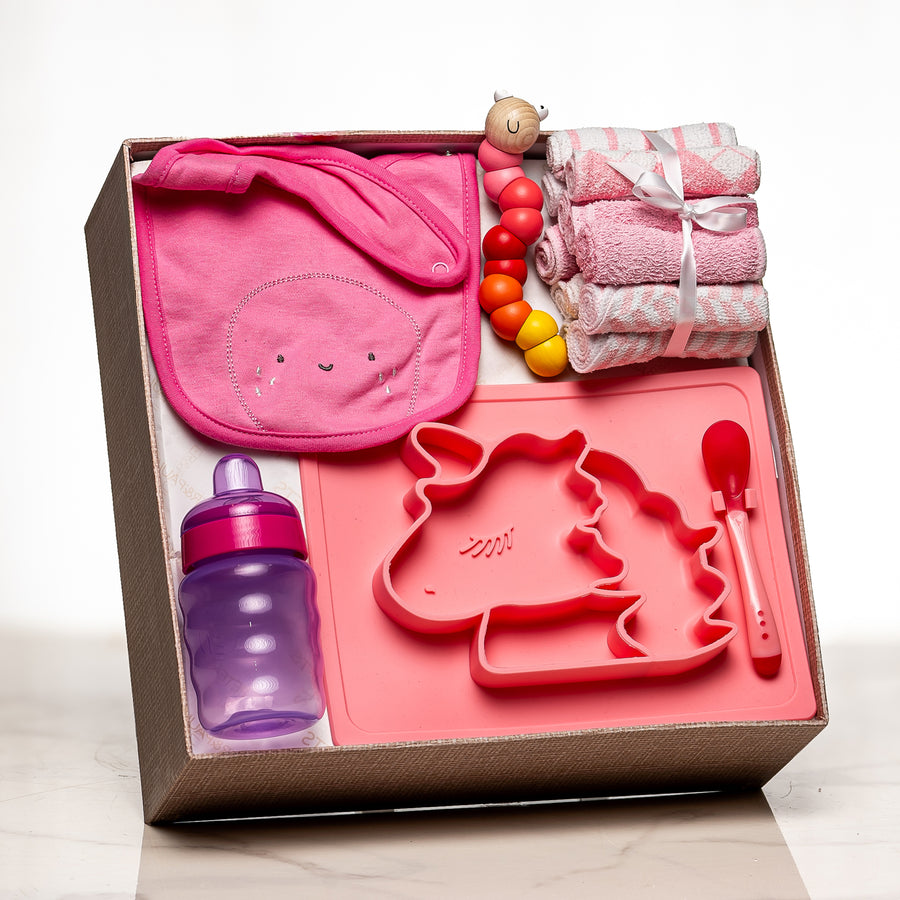 Mealtime Must Haves baby girl gift box with a pink bib, a divided plate, a spoon, a bottle and cloths