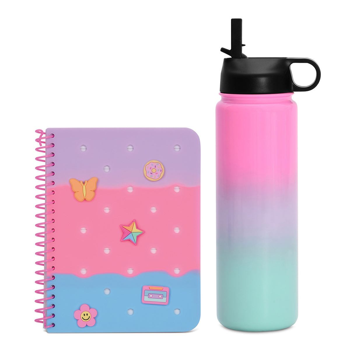 Tie dye charmed jelly journal with a pink to teal ombre water bottle