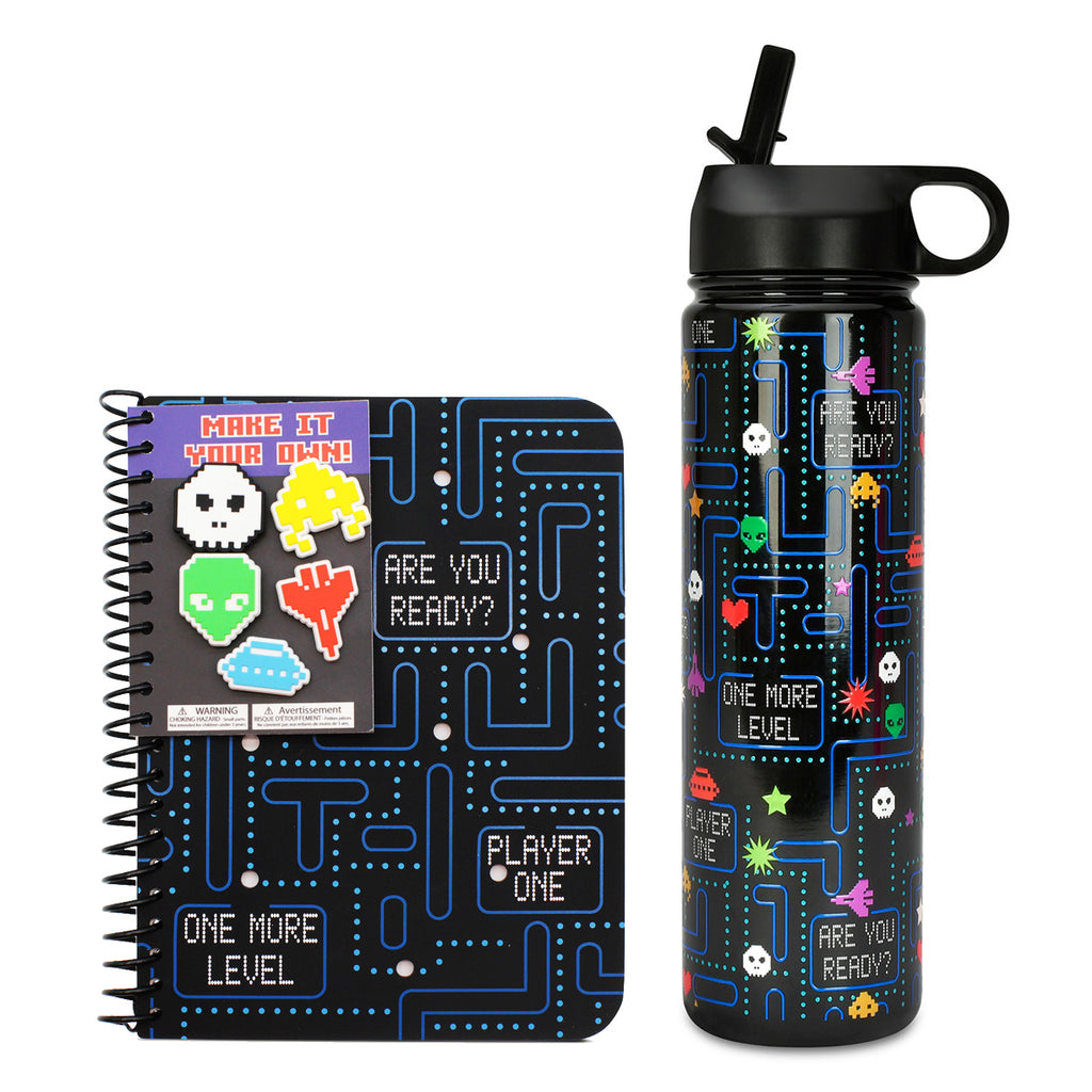Gamer charmed journal and matching black water bottle with an arcade print and charms