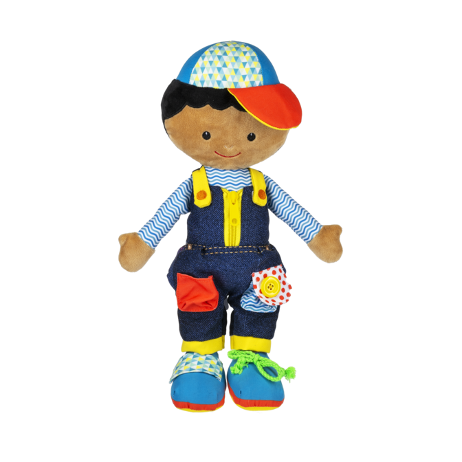 Ganz learn to dress soft doll with boy's dungarees and cap featuring buttons and laces