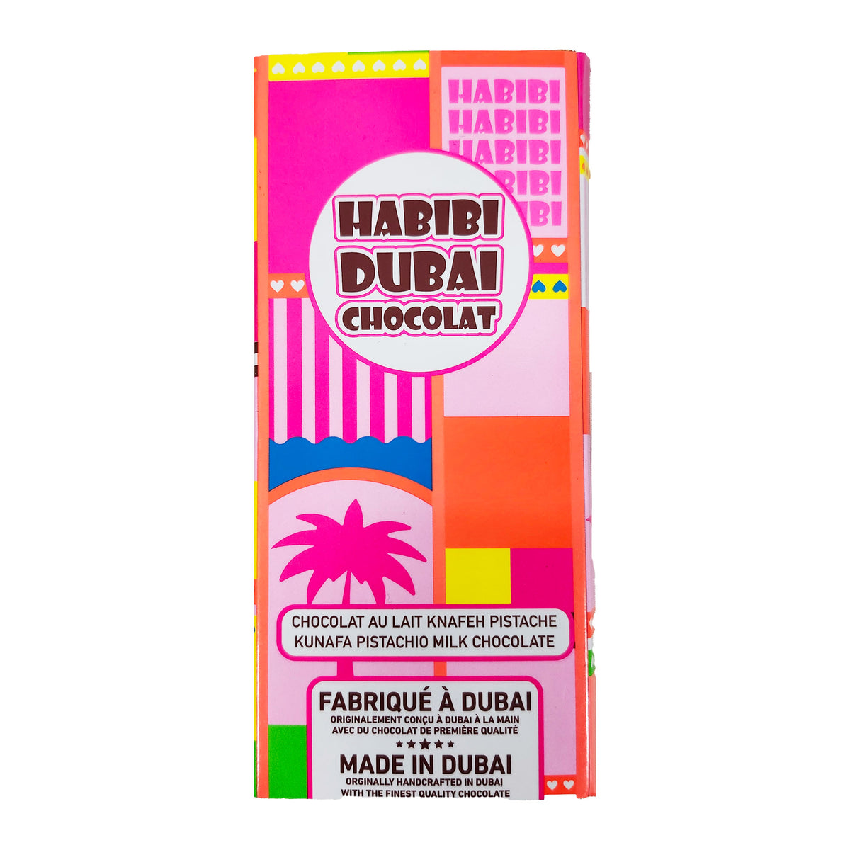 Habibi Dubai chocolate bar, 200 g kunafa pistachio milk chocolate in a brightly printed wrapper