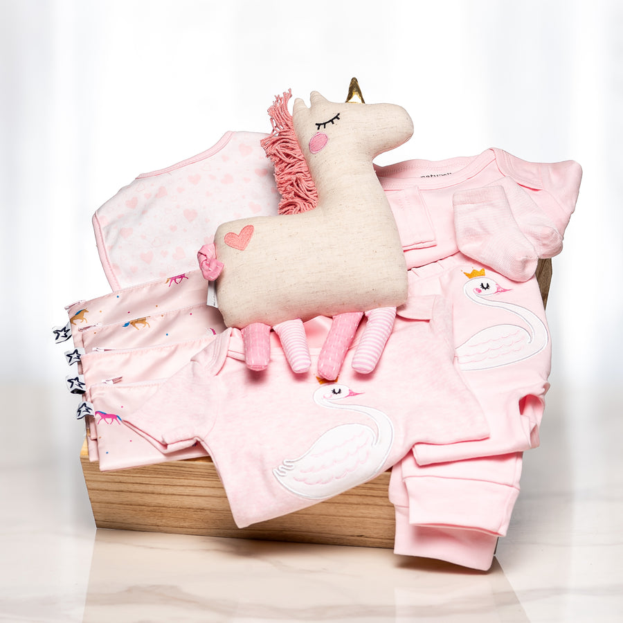 Pretty in Pink baby girl gift with a pink outfit set and a unicorn cushion