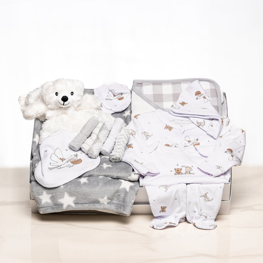 Twinkle Twinkle baby gift with a white plush bear, a star print blanket, a sleepsuit and mittens