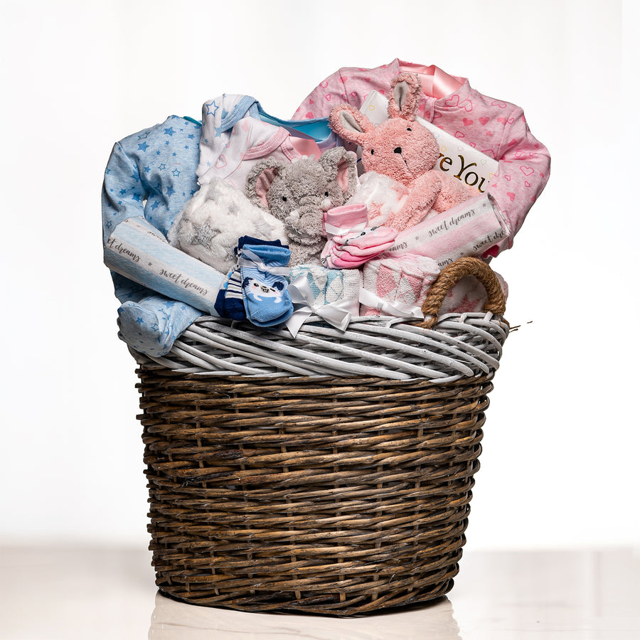Two of a Kind twins gift basket with pink and blue blankets, outfits and keepsake cards