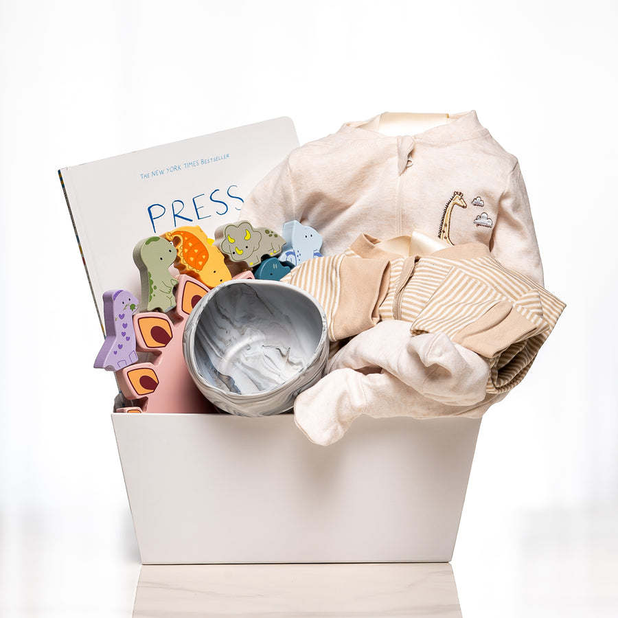 Dream and Discover baby boy gift with neutral knitwear, a bowl, teethers and the book Press Here