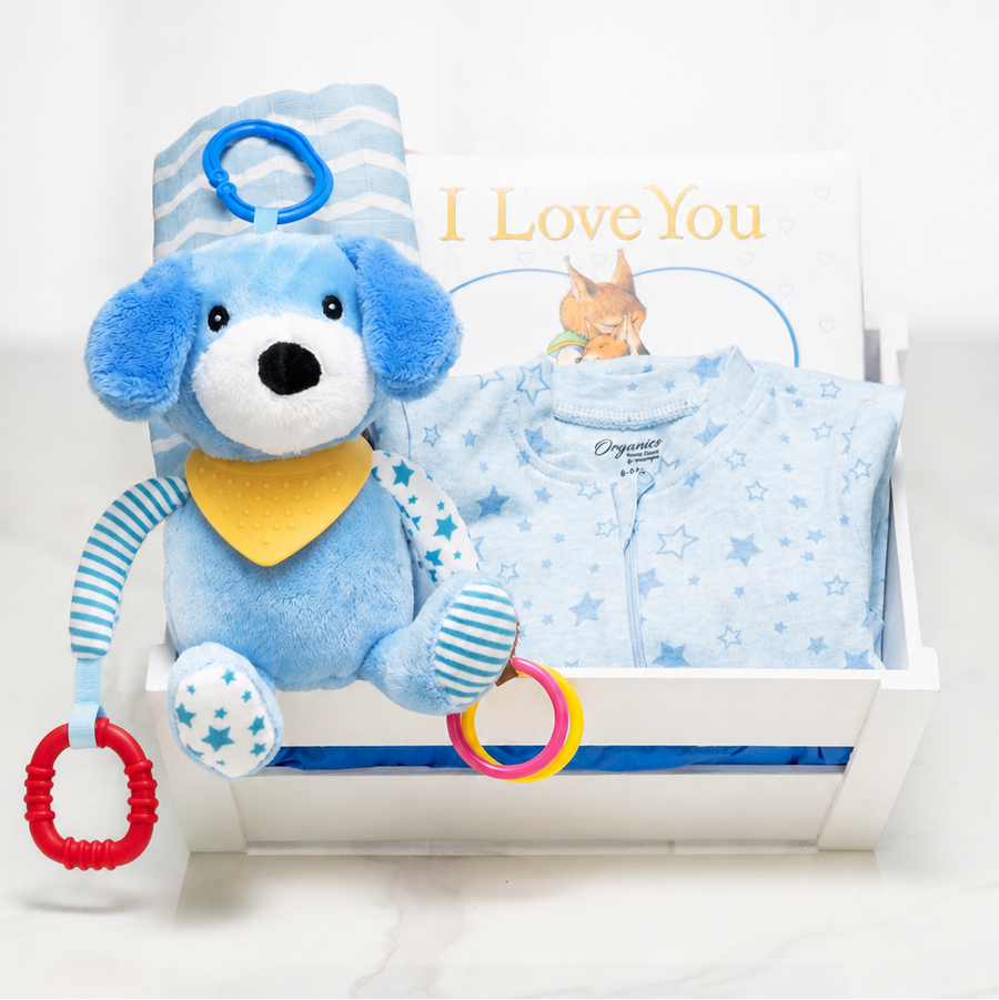 Storytime Sentiments baby boy gift crate with a blue plush puppy, a sleepsuit and the book I Love You