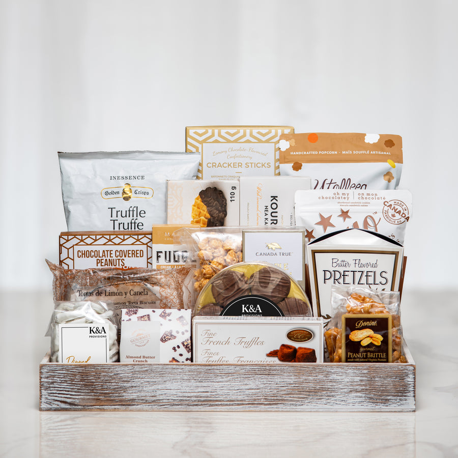 All for One large gourmet gift tray with truffles, macarons, pretzels, fudge and chocolates