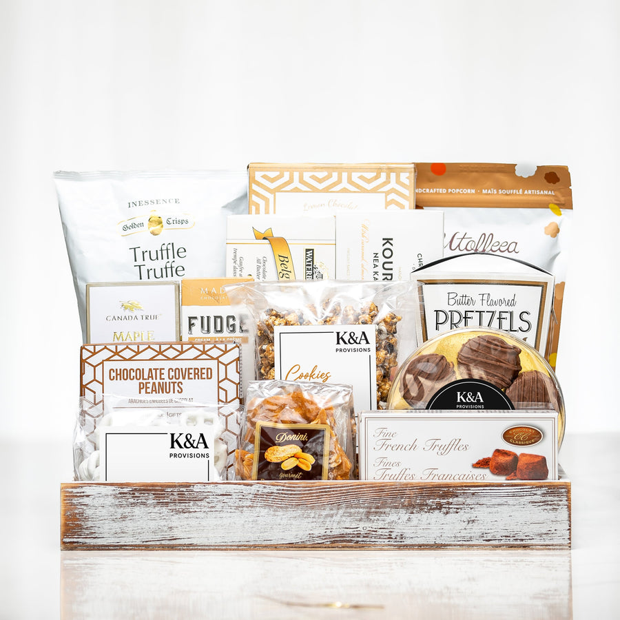 All for One medium gourmet gift basket with truffles, fudge, pretzels and chocolate covered peanuts