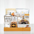 All for One small gourmet gift basket on a wooden tray with pretzels, fudge, maple cookies and snacks