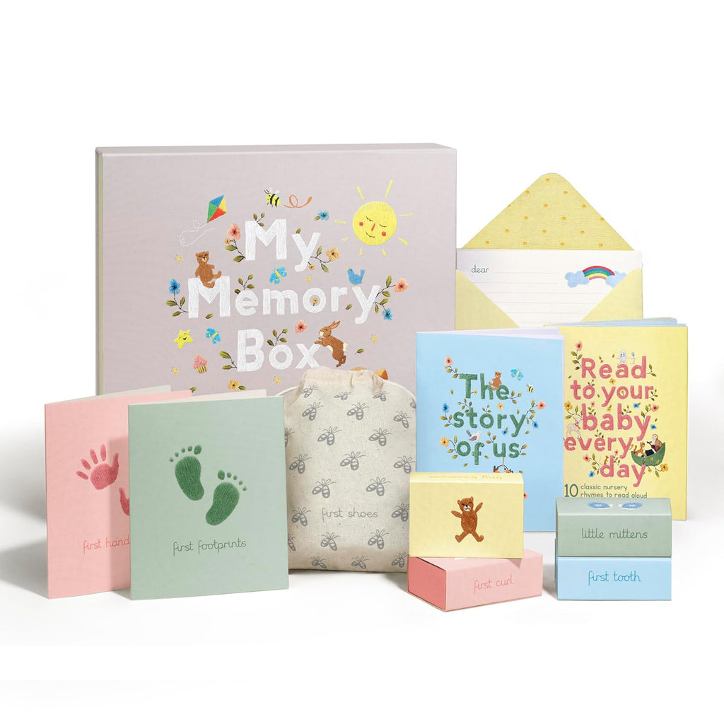 My Memory Box baby keepsake set with a pastel box, milestone cards and envelopes