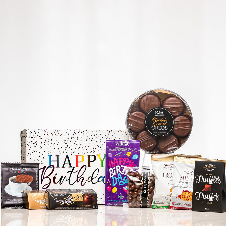 Birthday Box large gift with a Happy Birthday card, chocolate truffles, cookies and treats