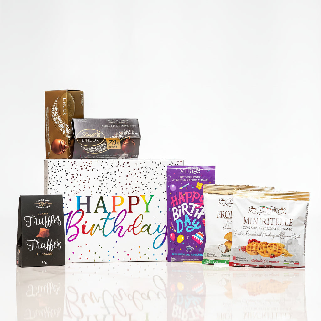 Birthday Box medium gift with a Happy Birthday card, truffles, chocolate bars and nougat