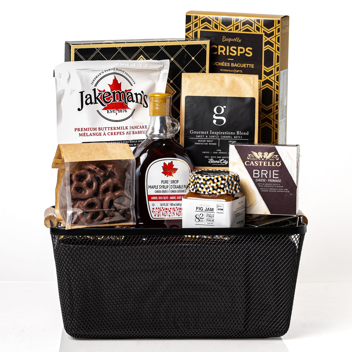 Bistro gift basket: a black metal mesh basket with Jakeman's buttermilk pancake mix, pure maple syrup, ground coffee, Castello brie, fig jam, baguette crisps and chocolate covered pretzels