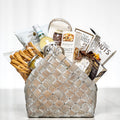 Bountiful Bundle woven grey basket with breadsticks, nuts, cookies, chocolates and white wine