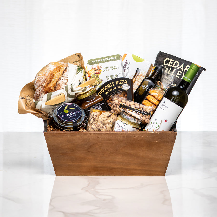 Bread Hamper large wooden crate with breads, crackers, preserves, cheese and a bottle of wine
