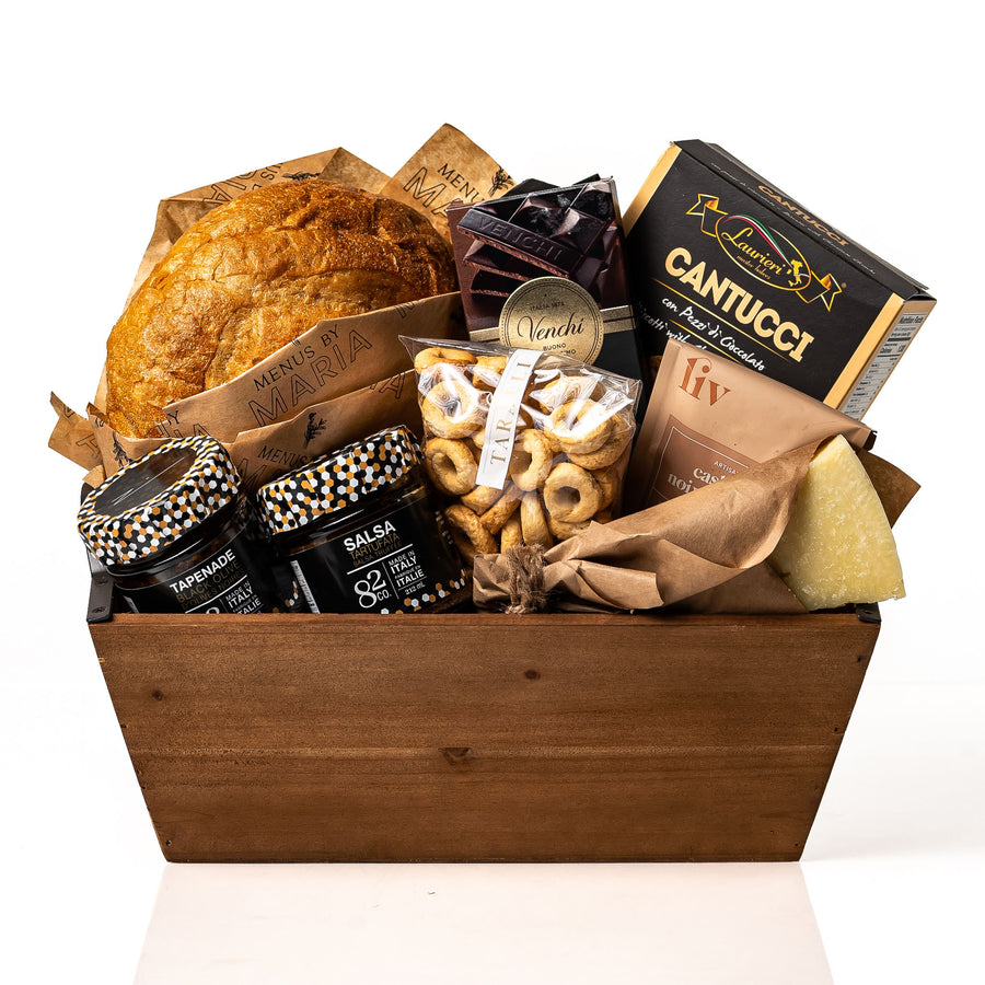 Bread Hamper Small: a tapered wood tray with a fresh sourdough loaf, a Parmigiano wedge, Laurieri cantucci, olive oil taralli, Co. 82 jars and a Venchi chocolate bar