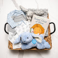 Bunny Bundle baby boy gift basket with grey onesies, a blue plush bunny and the book Sweet Child of Mine
