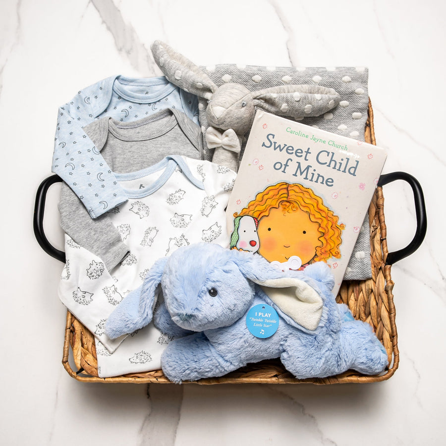 Bunny Bundle baby boy gift basket with grey onesies, a blue plush bunny and the book Sweet Child of Mine