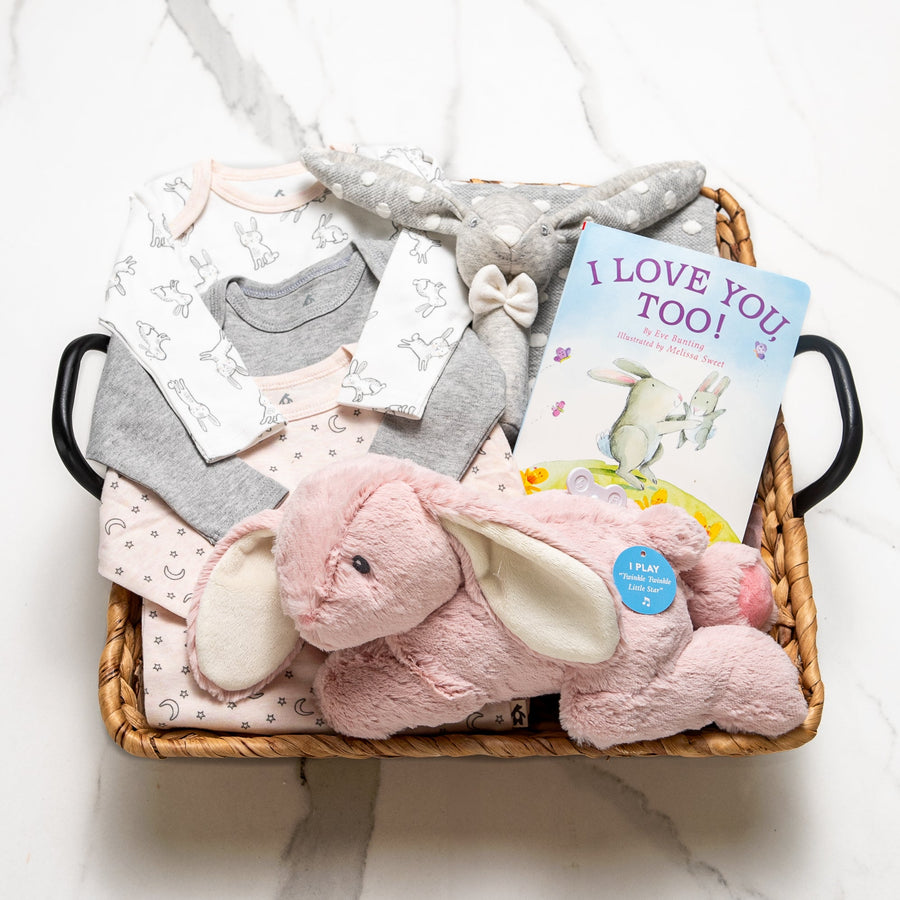 Bunny Bundle baby girl gift basket with onesies, a pink plush bunny and the book I Love You Too