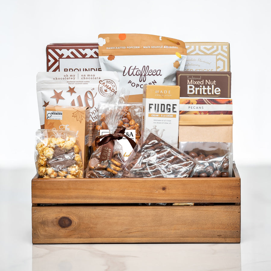 Canadian Cravings large wooden crate with maple brittle, fudge, popcorn and Canadian treats