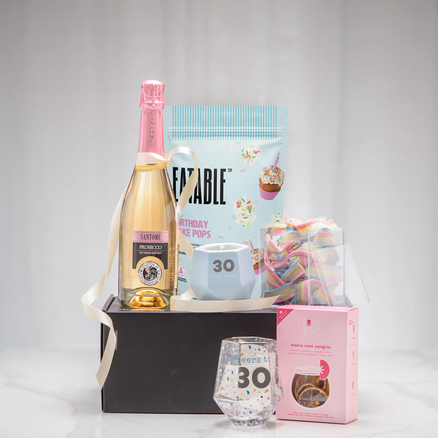 Cheers to You 30th birthday gift set with sparkling wine, a pink 30 glass and cookie pops