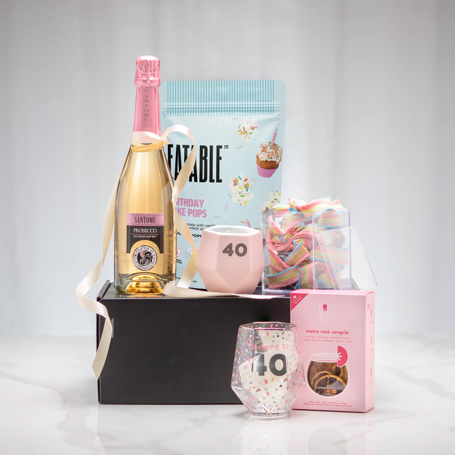 Cheers to You 40th birthday gift set with sparkling wine, a 40 stemless glass and cookie pops