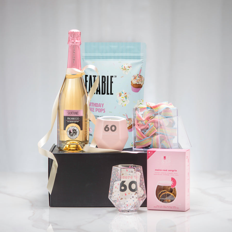 Cheers to You 60th birthday gift set with sparkling wine, a 60 stemless glass and cookie pops