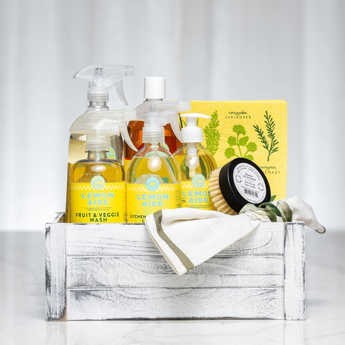 Citrus and Shine gift crate with citrus scented hand wash, spray, cloths and a candle