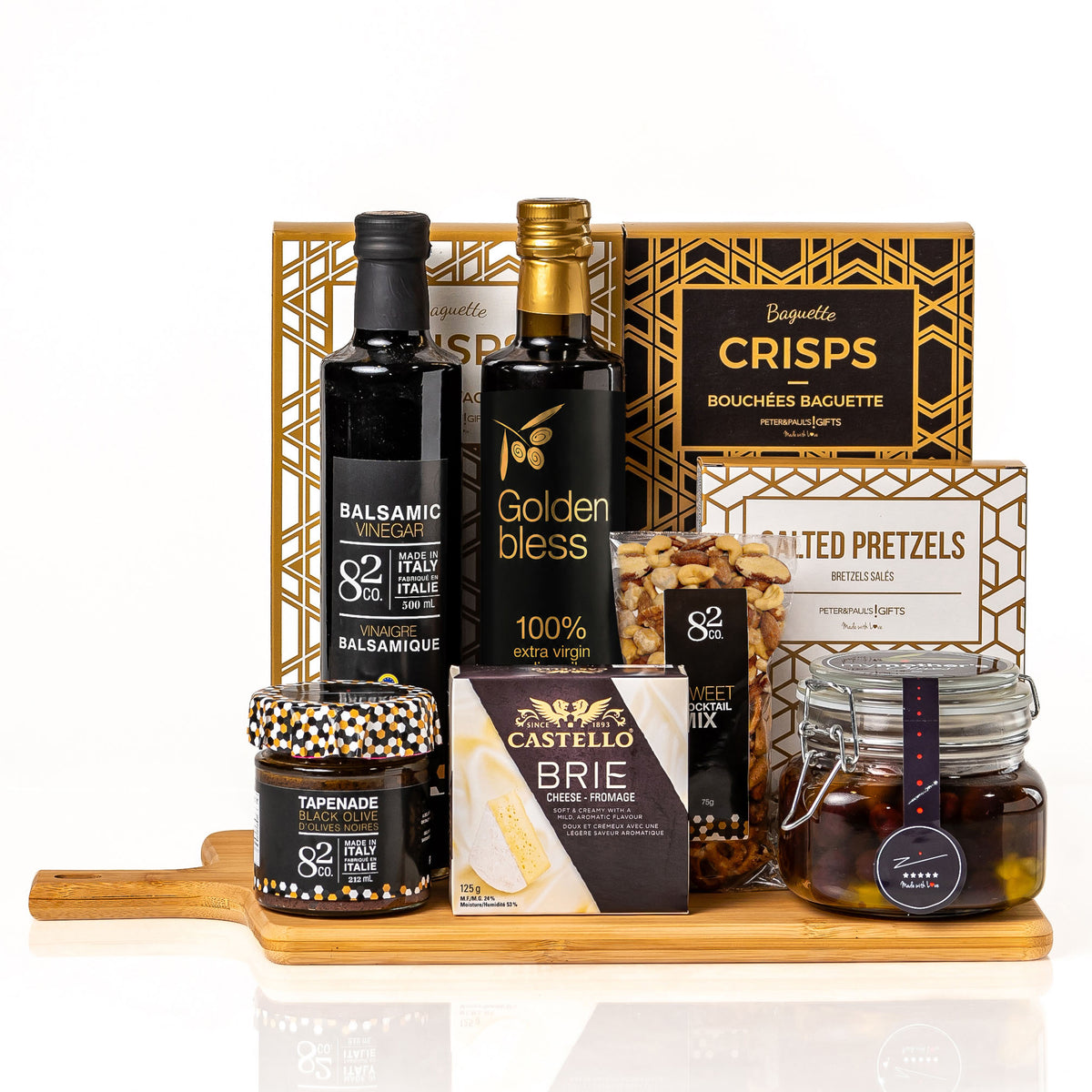 Classic Collection: a bamboo serving board with Golden Bless olive oil, Co. 82 balsamic vinegar, Castello brie, My Mother's olives, tapenade, baguette crisps and salted pretzels