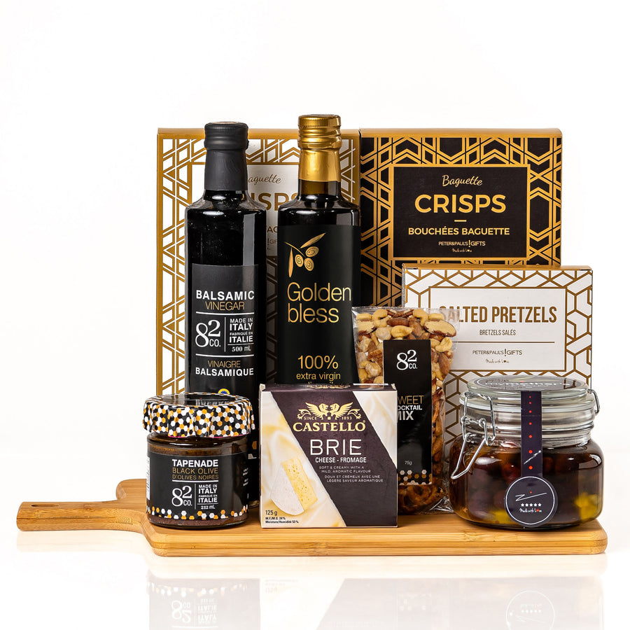 Classic Collection: a bamboo serving board with Golden Bless olive oil, Co. 82 balsamic vinegar, Castello brie, My Mother's olives, tapenade, baguette crisps and salted pretzels