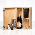 Congratulations deluxe gift, a bottle of champagne with glasses and brie in a hinged wooden box