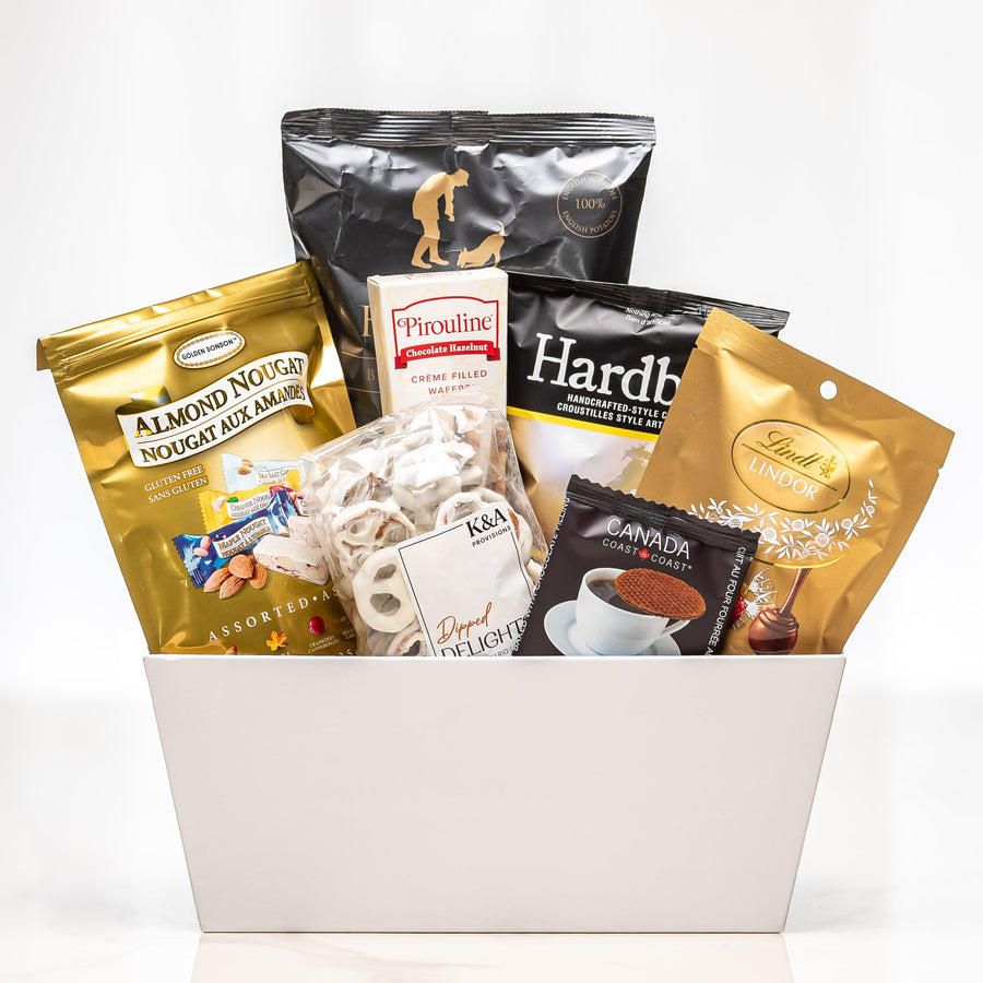 Crafted Cravings small white tub with almond nougat, Hardbite chips, meringues and chocolates