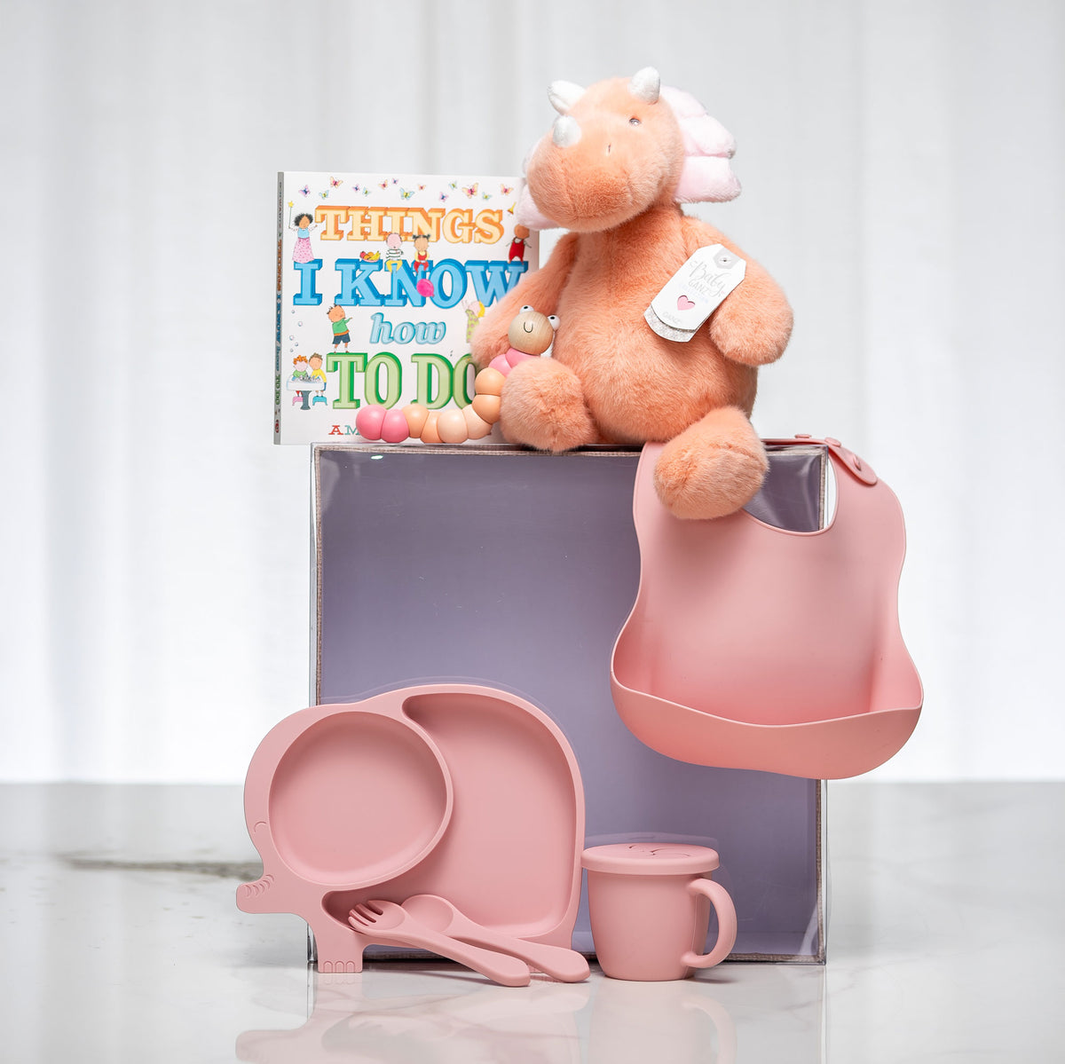 Dino Delights baby girl gift with a plush dinosaur, a board book and a pink silicone bib and bowl set