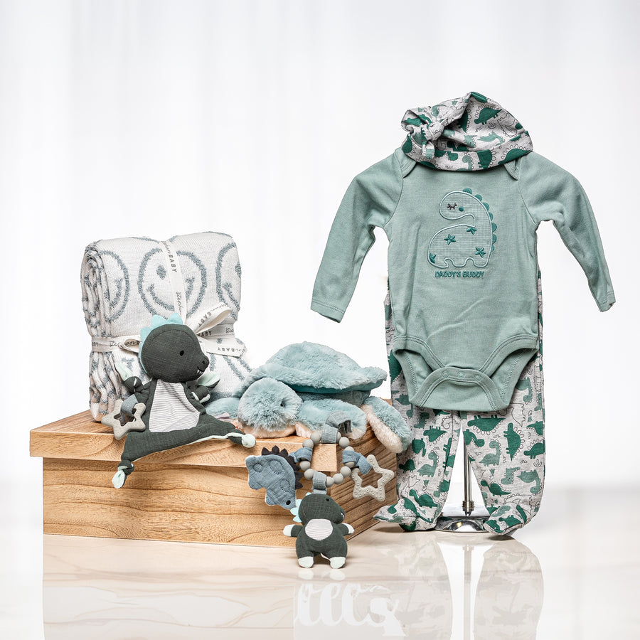 Dinosaur Dreaming baby boy gift with a green dinosaur outfit, a blanket and plush toys