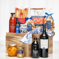 Dolce Vita Italian gift crate with pasta, sauces, breadsticks, preserves and two bottles of wine