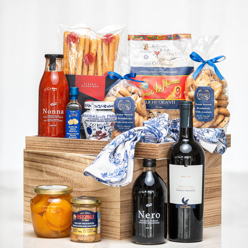 Dolce Vita Italian gift crate with pasta, sauces, breadsticks, preserves and two bottles of wine