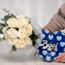 Load image into Gallery viewer, Dozen Long Stem Roses with 12 Piece Baci Heart
