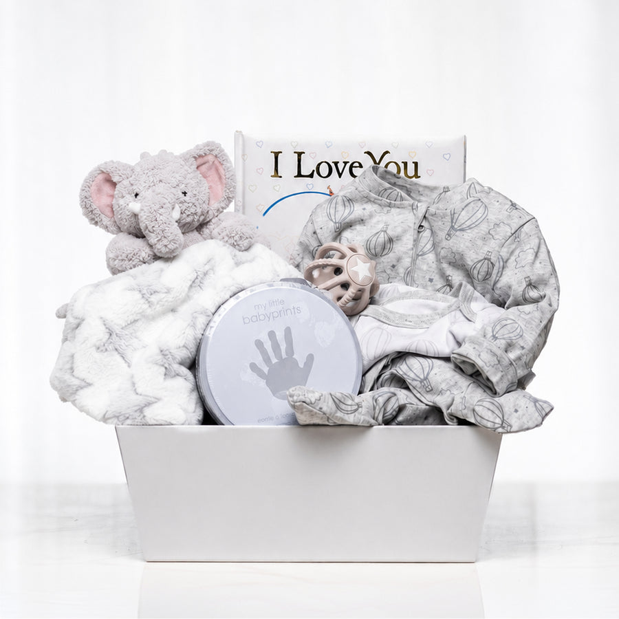 Elephant Embrace baby gift with a grey plush elephant, a blanket, a keepsake box and an I Love You sign
