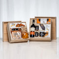 Epicurean Delights twin wooden gift boxes with cheese, charcuterie, preserves and a bottle of wine