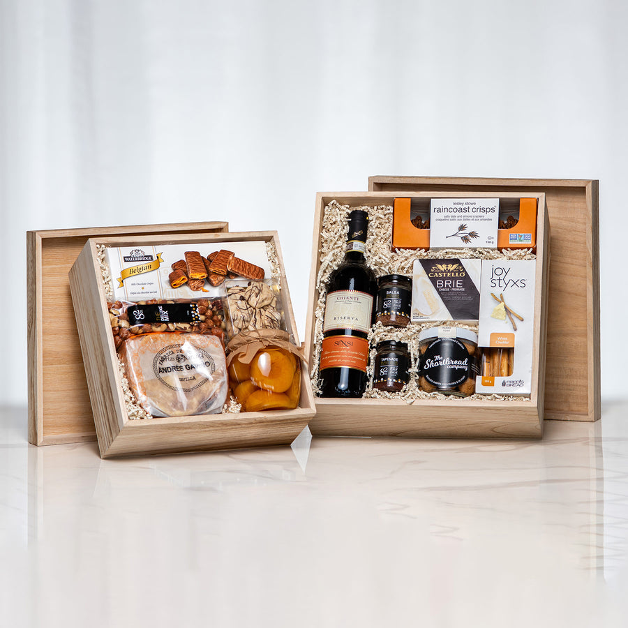 Epicurean Delights twin wooden gift boxes with cheese, charcuterie, preserves and a bottle of wine