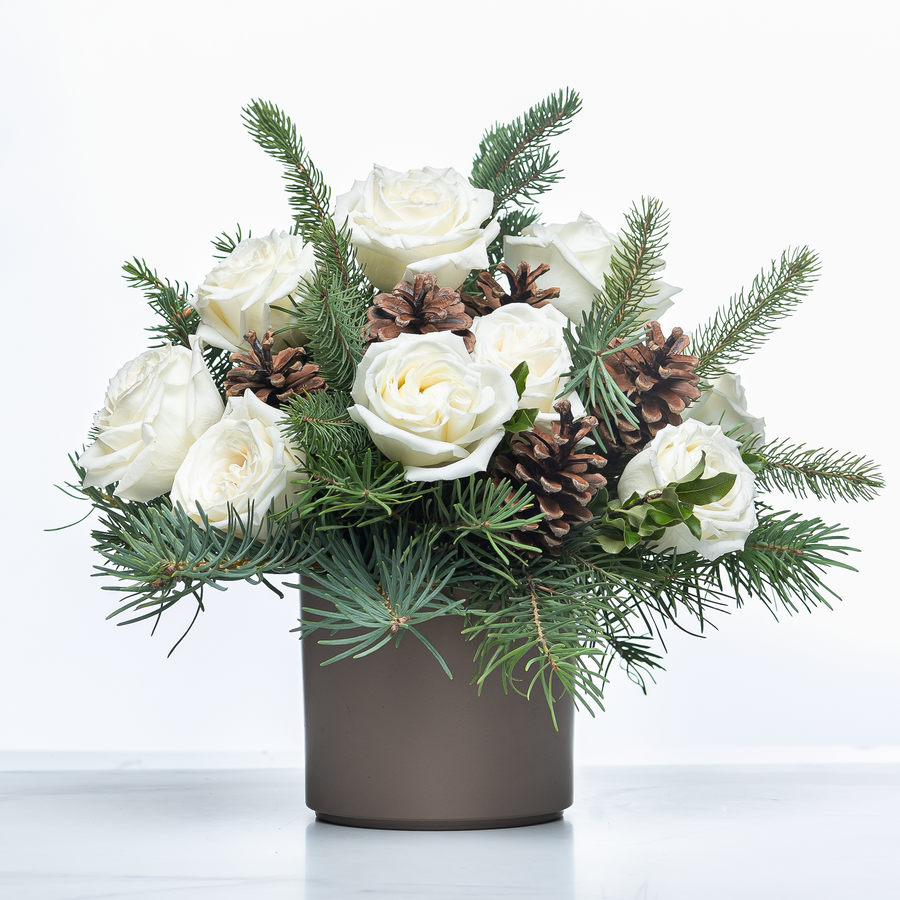 Frost and Fir holiday arrangement of white roses, pine and pine cones in a grey pot