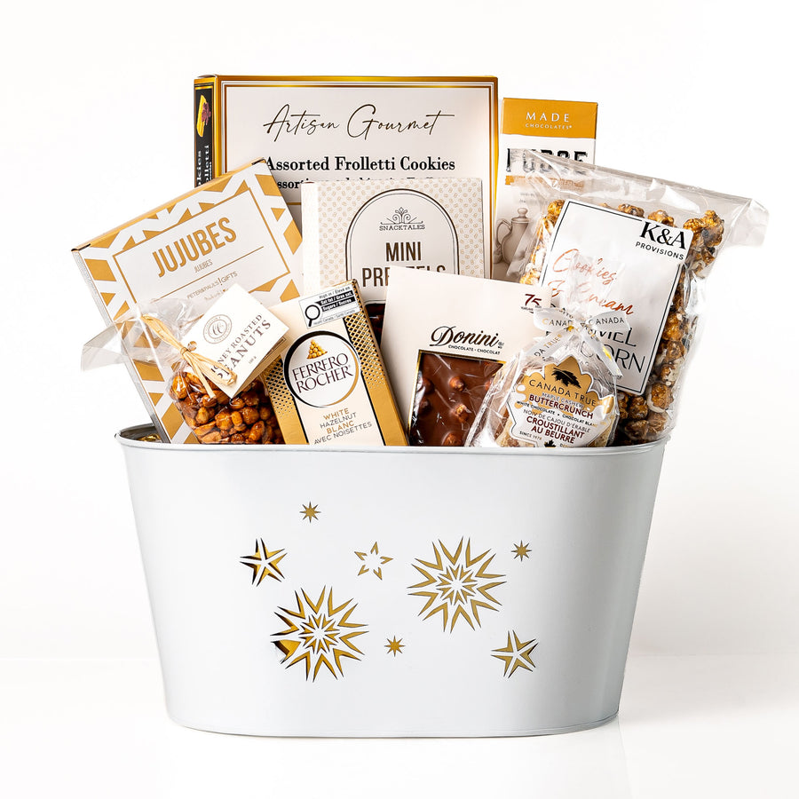 Golden Greetings: an oval white planter with gold stars filled with jujubes, Artisan Gourmet frolletti cookies, fudge, a Ferrero Rocher bar, Donini chocolate, mini pretzels and caramel popcorn