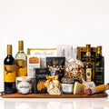Grand Gourmet gift: a long acacia board with Wolf Blass red and white wine, Golden Bless olive oil, white balsamic, chorizo, Parmigiano, crackers, fig jam and cookies