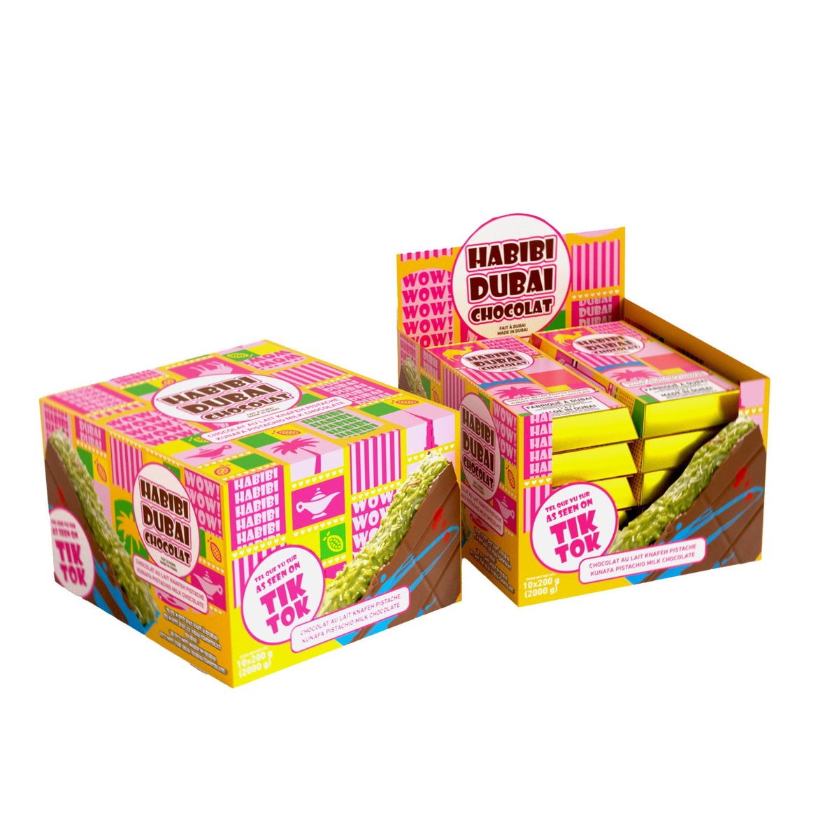 Case of ten Habibi Dubai kunafa pistachio chocolate bars in a printed display box