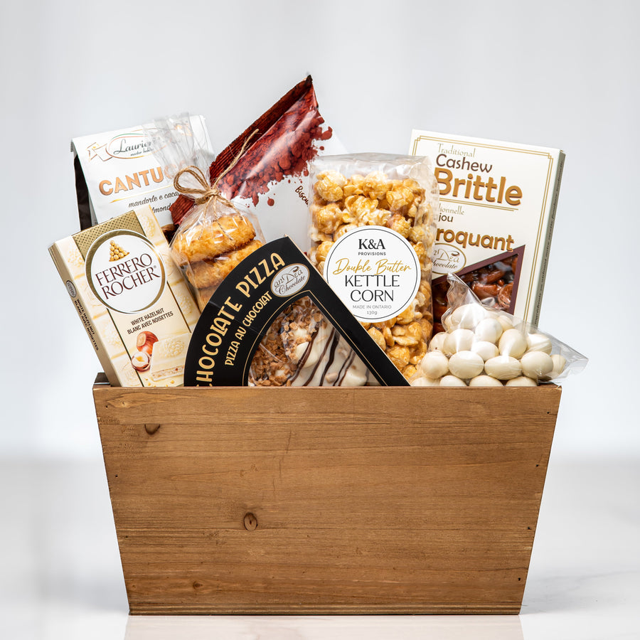 Harvestwood gift crate with cantucci, brittle, kettle corn, biscotti pizza and chocolates