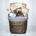 Hearty Hamper small woven basket with charcuterie sticks, pretzels, cookies and chocolates